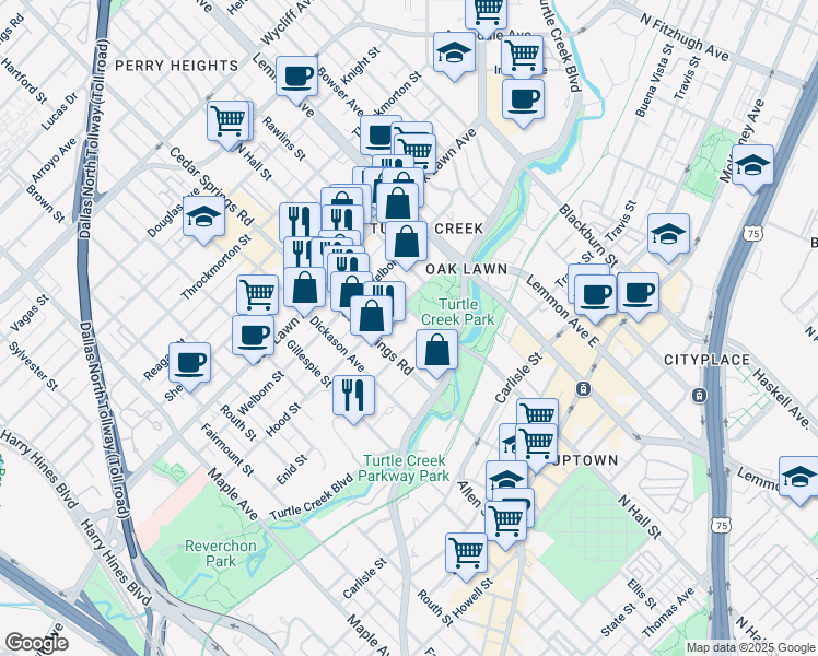 map of restaurants, bars, coffee shops, grocery stores, and more near 3535 North Hall Street in Dallas