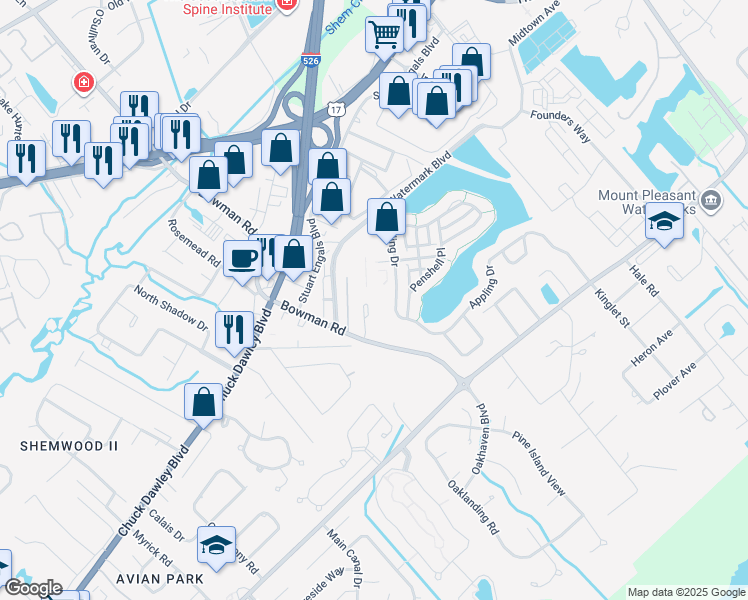 map of restaurants, bars, coffee shops, grocery stores, and more near 1340 Appling Drive in Mount Pleasant