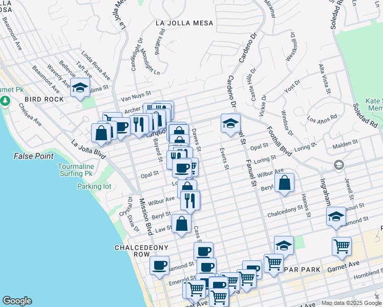 map of restaurants, bars, coffee shops, grocery stores, and more near 1053 Tourmaline Street in San Diego