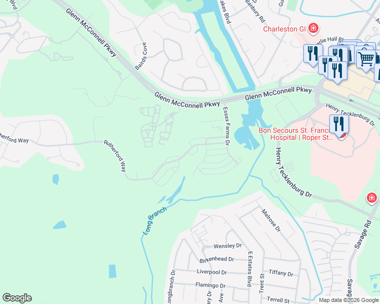 map of restaurants, bars, coffee shops, grocery stores, and more near 2569 Rutherford Way in Charleston