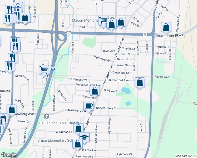 map of restaurants, bars, coffee shops, grocery stores, and more near 739 Saint James Avenue in Macon
