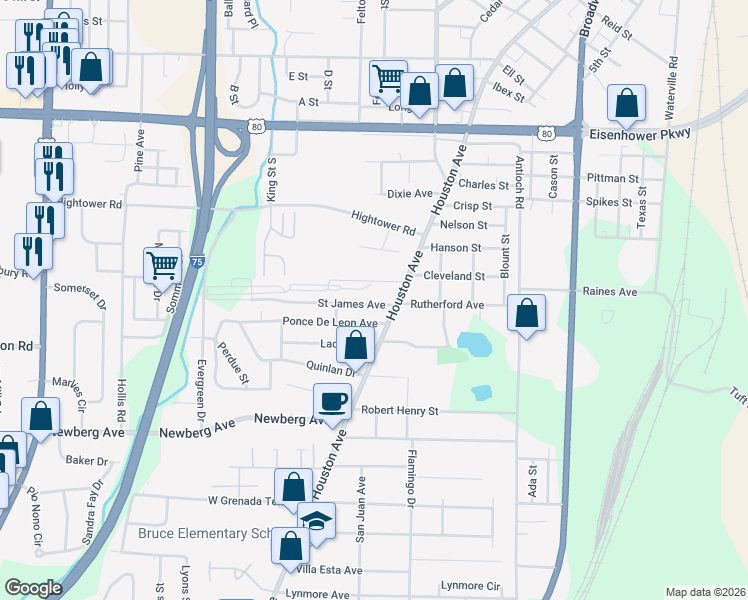 map of restaurants, bars, coffee shops, grocery stores, and more near 739 Saint James Avenue in Macon