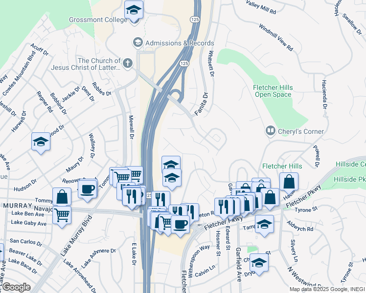 map of restaurants, bars, coffee shops, grocery stores, and more near 2734 Katherine Street in El Cajon