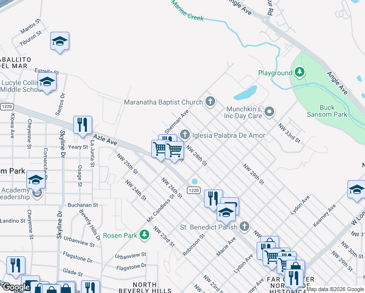 map of restaurants, bars, coffee shops, grocery stores, and more near 3407 Northwest 28th Street in Fort Worth