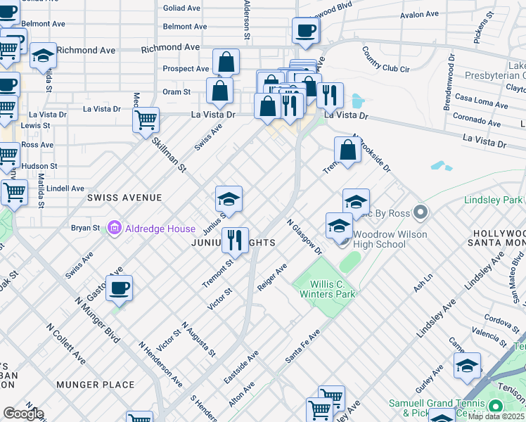 map of restaurants, bars, coffee shops, grocery stores, and more near 5922 Worth Street in Dallas