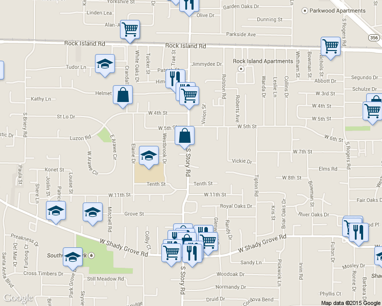 map of restaurants, bars, coffee shops, grocery stores, and more near 706 South Story Road in Irving