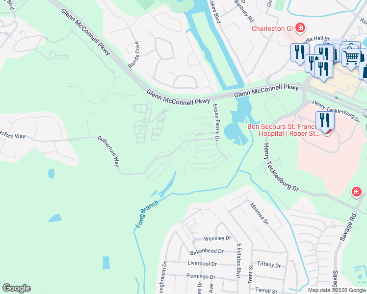 map of restaurants, bars, coffee shops, grocery stores, and more near 2569 Rutherford Way in Charleston