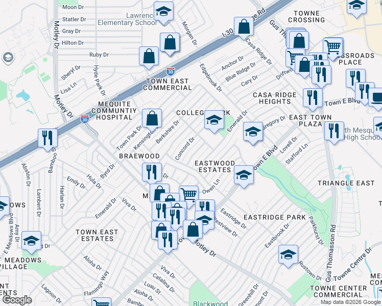 map of restaurants, bars, coffee shops, grocery stores, and more near 3017 Jamestown Drive in Mesquite