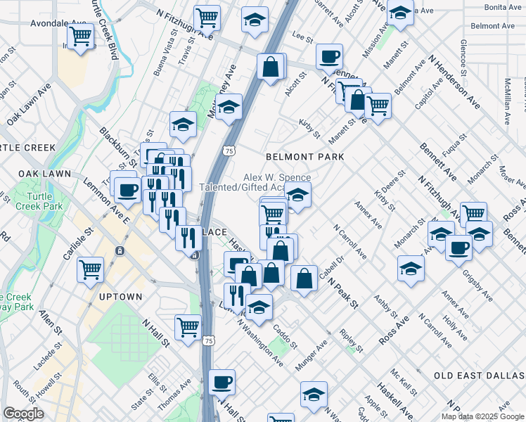 map of restaurants, bars, coffee shops, grocery stores, and more near 2400 Belmont Avenue in Dallas