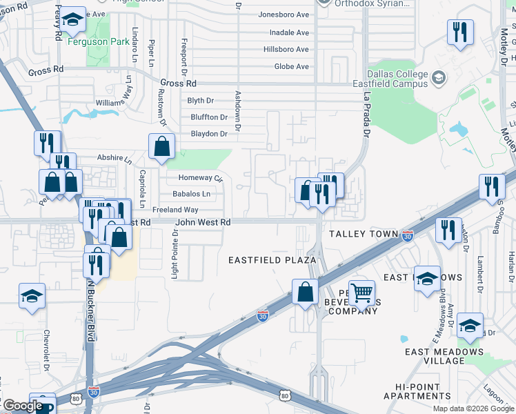 map of restaurants, bars, coffee shops, grocery stores, and more near 2549 John West Road in Dallas