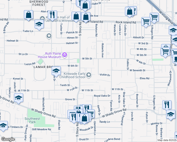 map of restaurants, bars, coffee shops, grocery stores, and more near 700 South Story Road in Irving