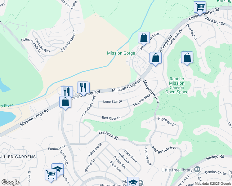 map of restaurants, bars, coffee shops, grocery stores, and more near 7647 Mission Gorge Road in San Diego
