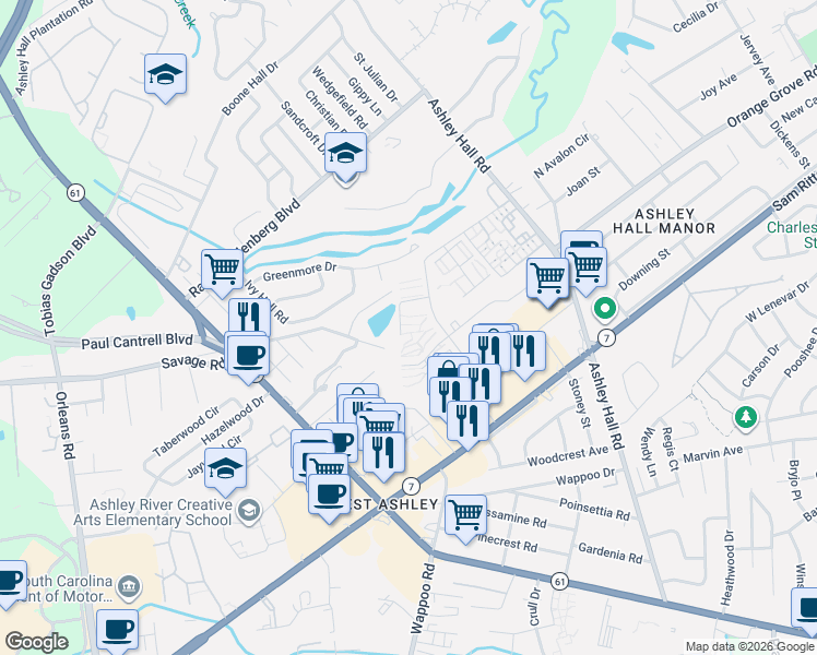 map of restaurants, bars, coffee shops, grocery stores, and more near 1704 North Woodmere Drive in Charleston