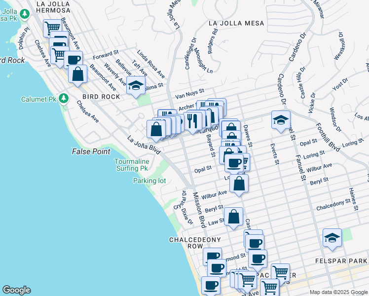 map of restaurants, bars, coffee shops, grocery stores, and more near Mission Boulevard & Sapphire Street in San Diego