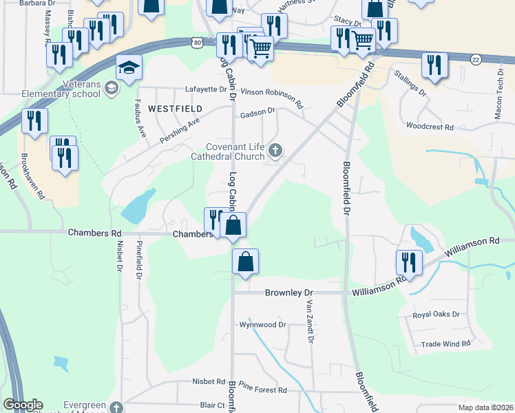 map of restaurants, bars, coffee shops, grocery stores, and more near 4750 Bloomfield Road in Macon