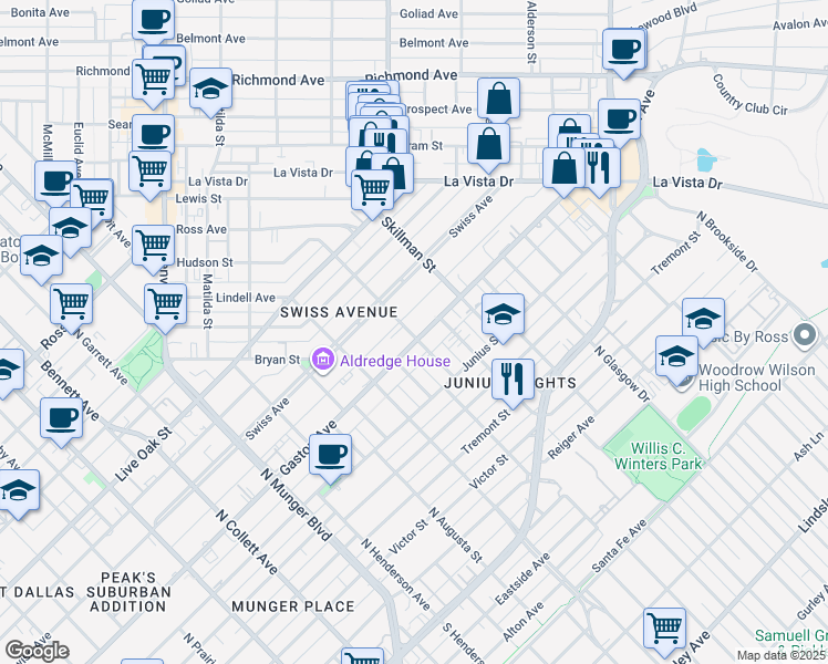 map of restaurants, bars, coffee shops, grocery stores, and more near 5701 Gaston Avenue in Dallas