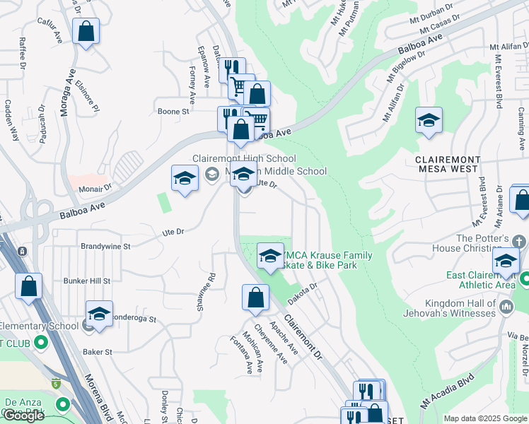 map of restaurants, bars, coffee shops, grocery stores, and more near 3799 Clairemont Drive in San Diego