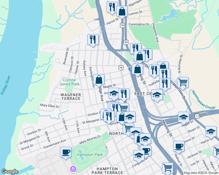map of restaurants, bars, coffee shops, grocery stores, and more near 69 Maple Street in Charleston