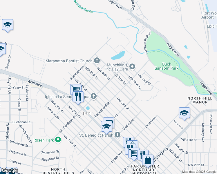 map of restaurants, bars, coffee shops, grocery stores, and more near 3218 Northwest 29th Street in Fort Worth