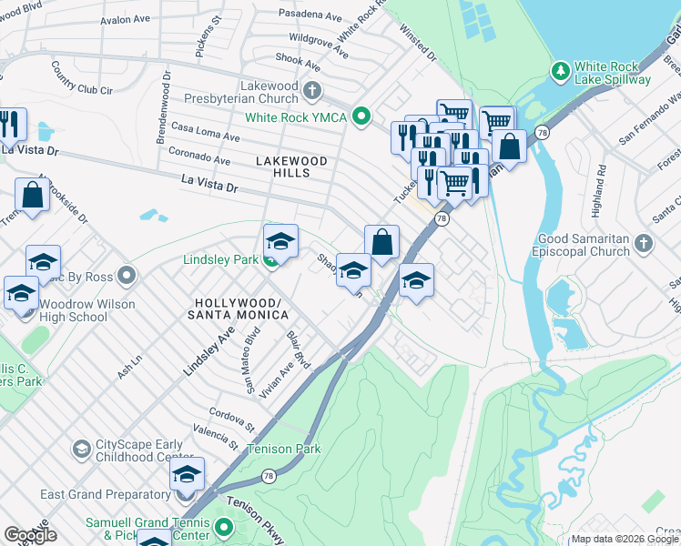 map of restaurants, bars, coffee shops, grocery stores, and more near 1022 Shadyside Lane in Dallas