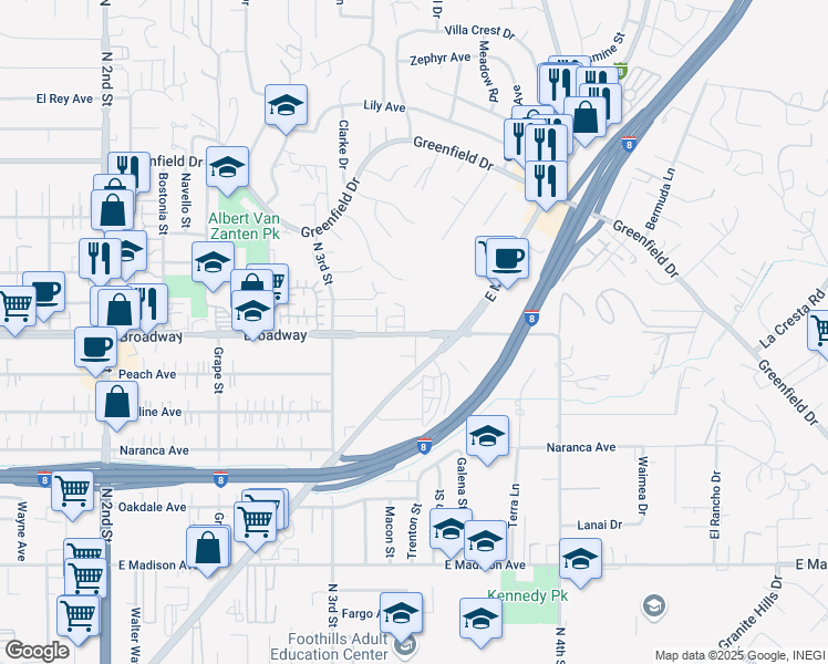 map of restaurants, bars, coffee shops, grocery stores, and more near 1580 Broadway in El Cajon