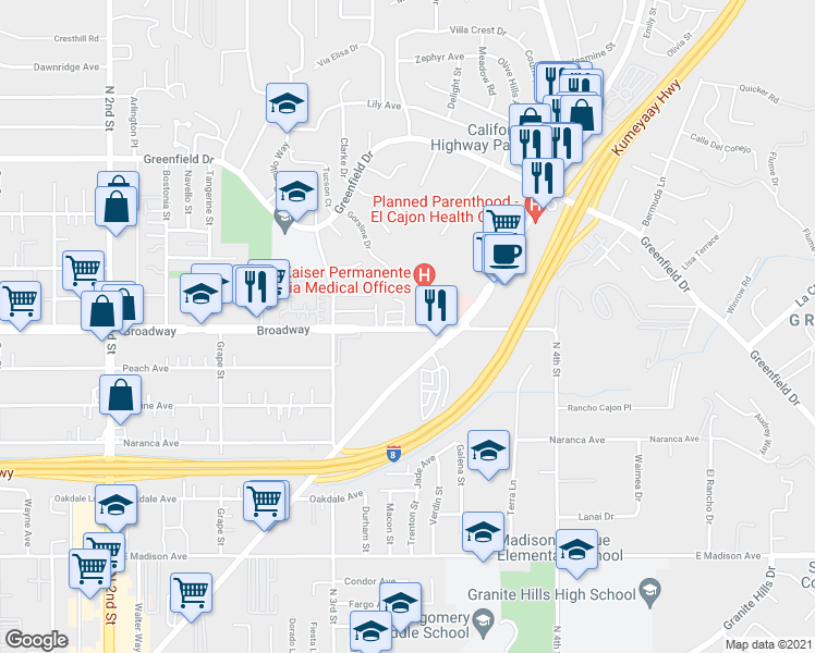 map of restaurants, bars, coffee shops, grocery stores, and more near 1580 Broadway in El Cajon