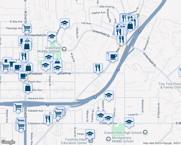 map of restaurants, bars, coffee shops, grocery stores, and more near 1580 Broadway in El Cajon