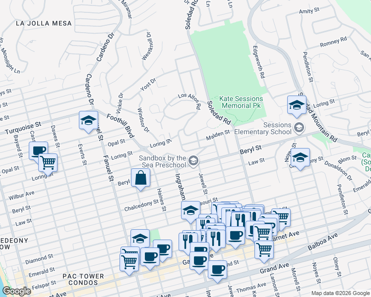 map of restaurants, bars, coffee shops, grocery stores, and more near 1640 Collingwood Drive in San Diego