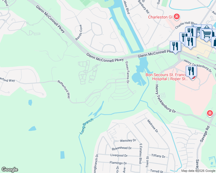 map of restaurants, bars, coffee shops, grocery stores, and more near 2569 Rutherford Way in Charleston