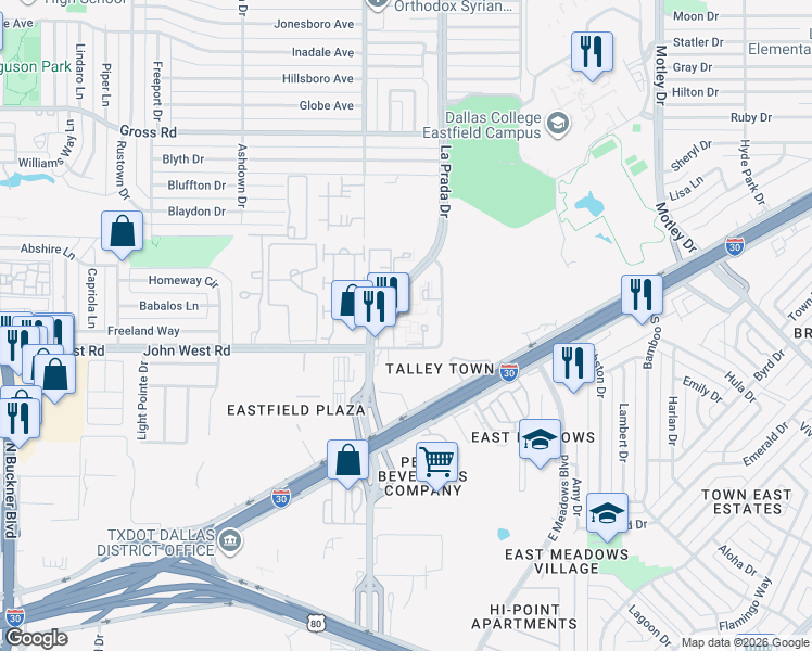 map of restaurants, bars, coffee shops, grocery stores, and more near 8300 La Prada Drive in Dallas