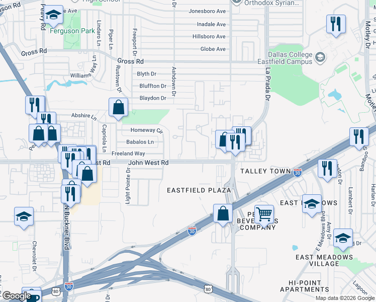 map of restaurants, bars, coffee shops, grocery stores, and more near 2549 John West Rd in Dallas