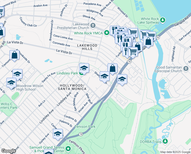 map of restaurants, bars, coffee shops, grocery stores, and more near 7131 Soto Street in Dallas