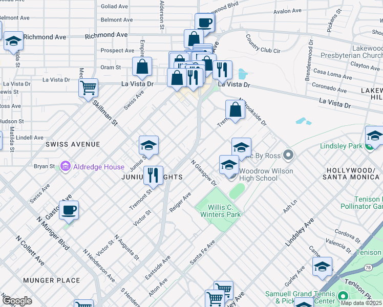 map of restaurants, bars, coffee shops, grocery stores, and more near 42 Abrams Road in Dallas