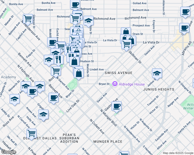 map of restaurants, bars, coffee shops, grocery stores, and more near 5505 Live Oak Street in Dallas