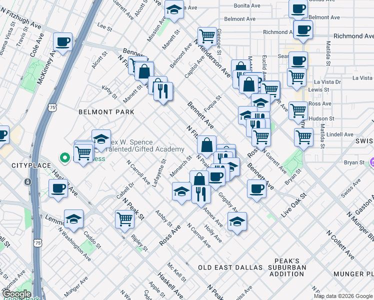 map of restaurants, bars, coffee shops, grocery stores, and more near 2011 North Prairie Avenue in Dallas