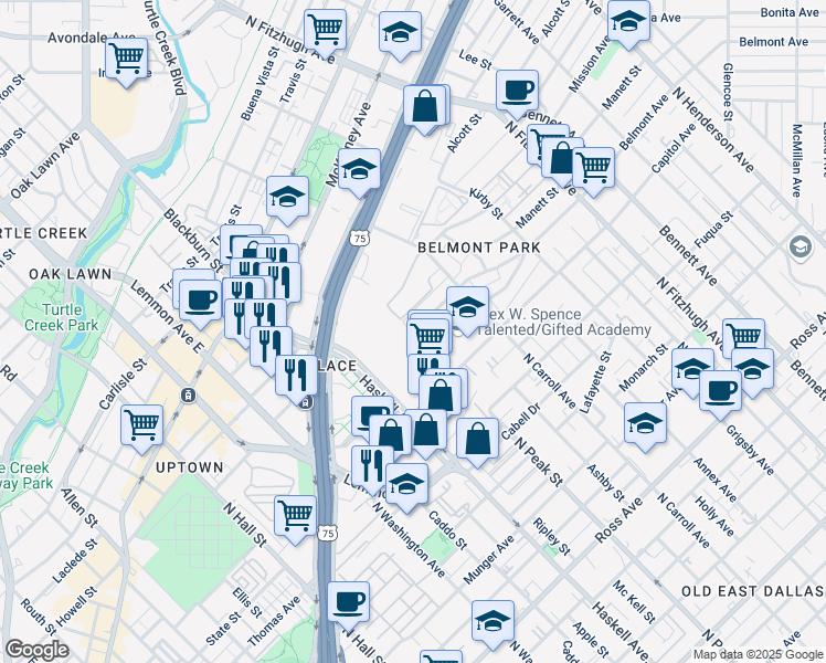 map of restaurants, bars, coffee shops, grocery stores, and more near 4300-4368 Belmont Avenue in Dallas