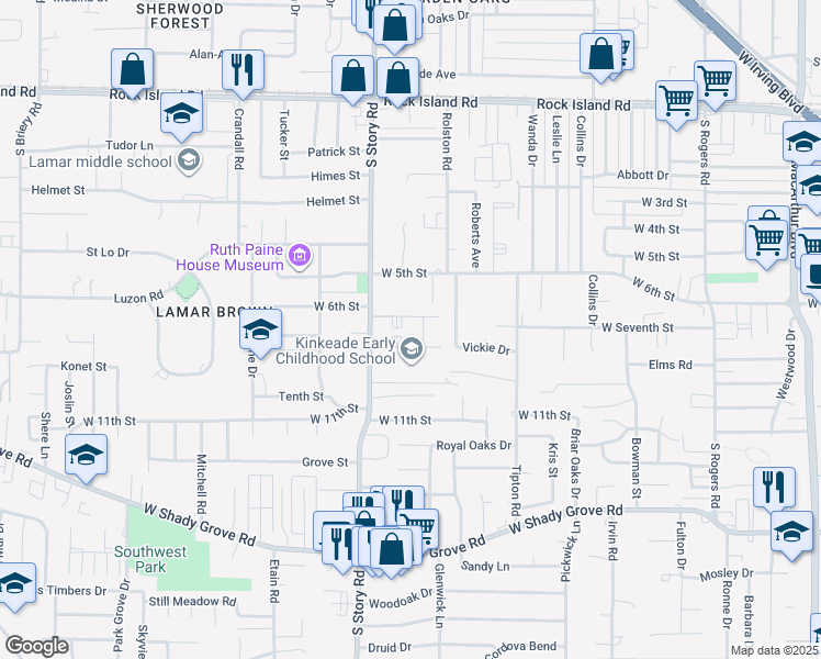 map of restaurants, bars, coffee shops, grocery stores, and more near 700 South Story Road in Irving