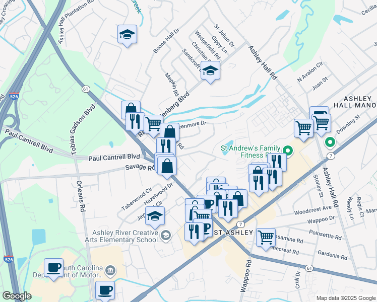 map of restaurants, bars, coffee shops, grocery stores, and more near 1921 Ivy Hall Road in Charleston