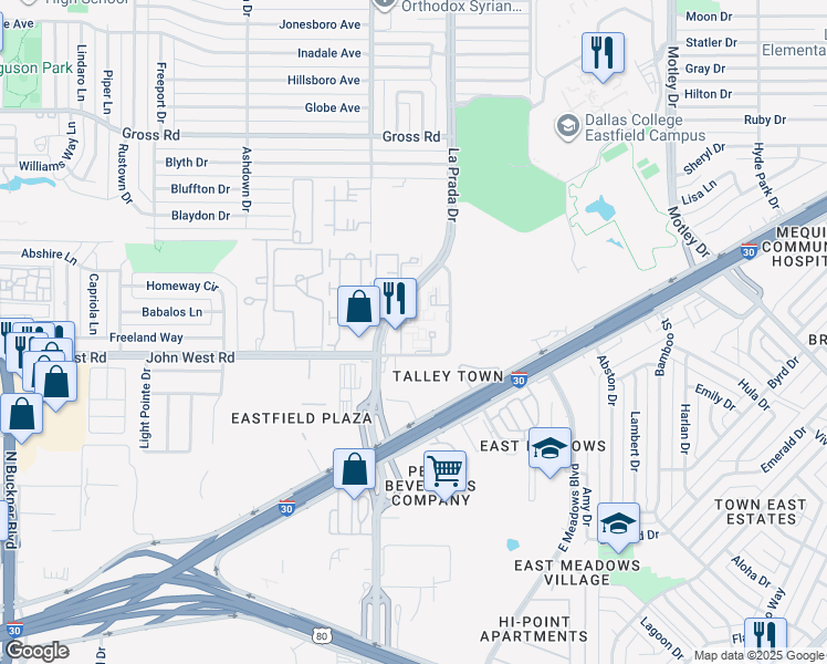 map of restaurants, bars, coffee shops, grocery stores, and more near 8411 La Prada Drive East in Dallas