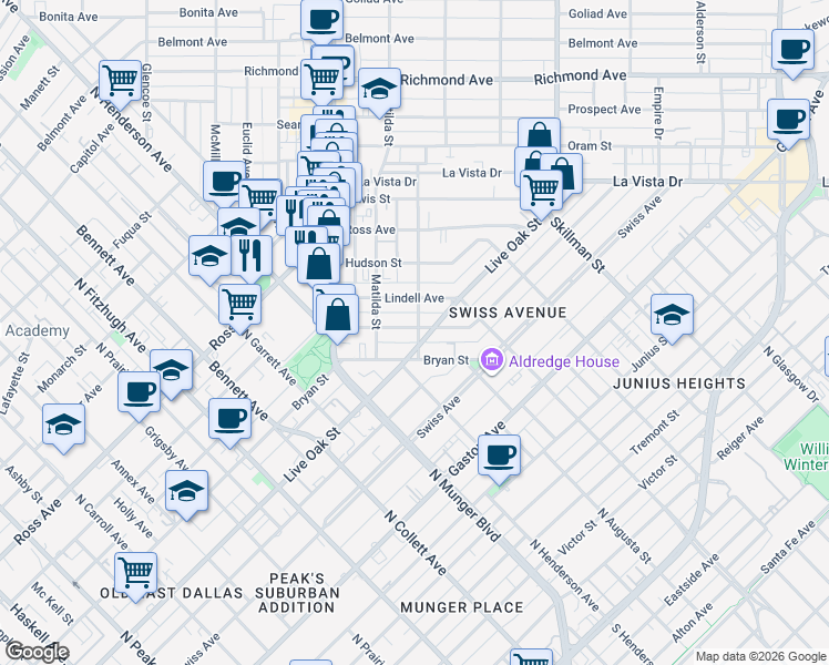 map of restaurants, bars, coffee shops, grocery stores, and more near 5810 Bryan Parkway in Dallas
