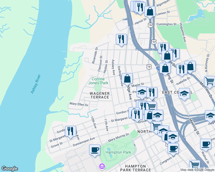 map of restaurants, bars, coffee shops, grocery stores, and more near 19 Piedmont Avenue in Charleston