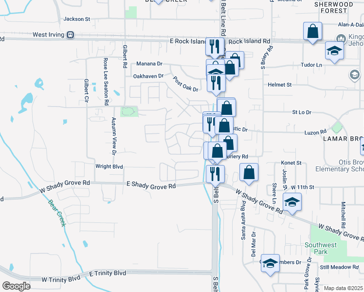 map of restaurants, bars, coffee shops, grocery stores, and more near 619 Long Acre Street in Irving