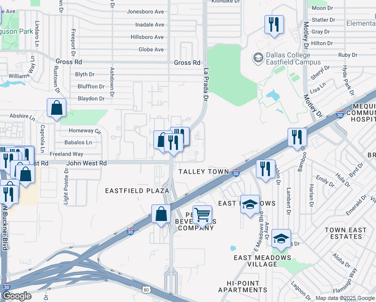 map of restaurants, bars, coffee shops, grocery stores, and more near 8300 La Prada Drive in Dallas