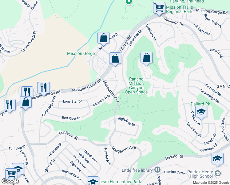 map of restaurants, bars, coffee shops, grocery stores, and more near 5972 Larchwood Avenue in San Diego