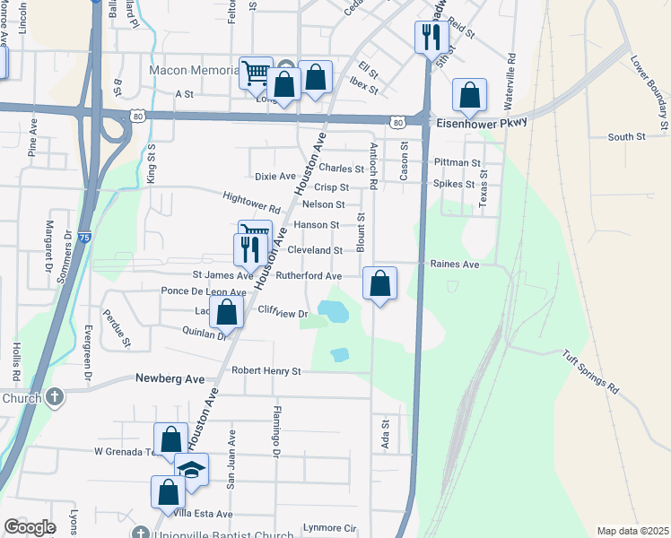 map of restaurants, bars, coffee shops, grocery stores, and more near 2990 Simmons Street in Macon