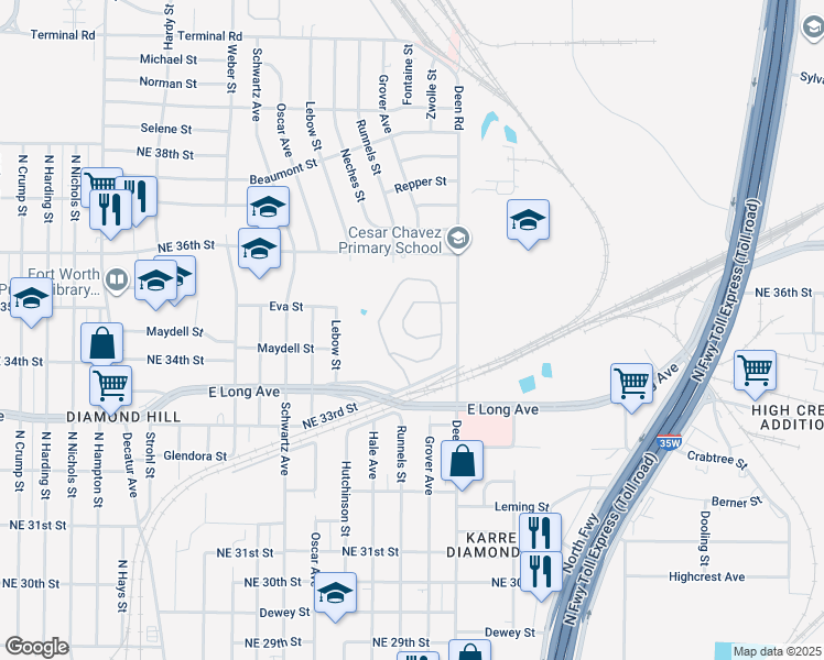 map of restaurants, bars, coffee shops, grocery stores, and more near 3512 Terra Court in Fort Worth