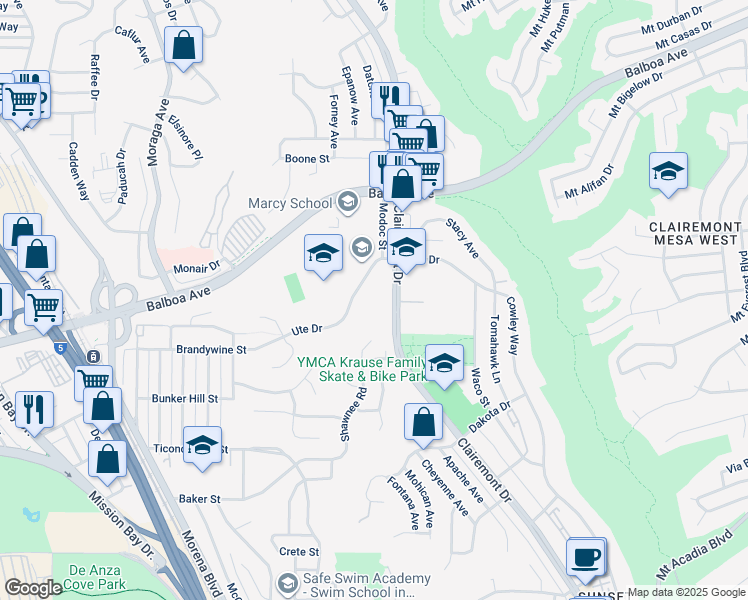 map of restaurants, bars, coffee shops, grocery stores, and more near 3664 Clairemont Drive in San Diego
