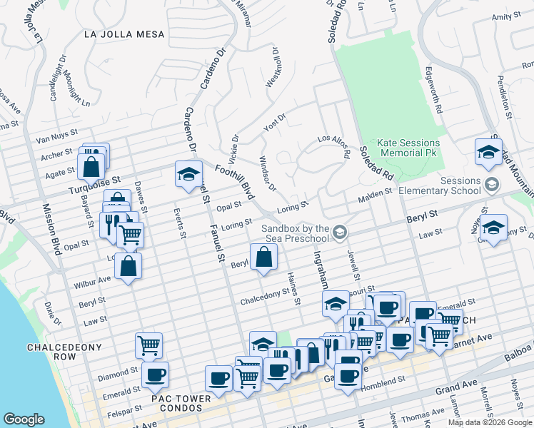 map of restaurants, bars, coffee shops, grocery stores, and more near Foothill Blvd & Loring St in San Diego