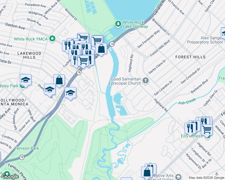 map of restaurants, bars, coffee shops, grocery stores, and more near 1403 Highland Road in Dallas