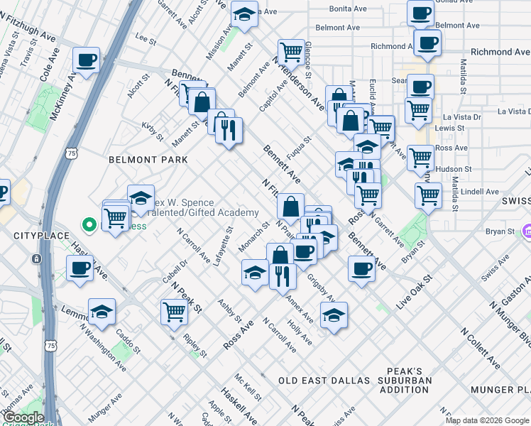 map of restaurants, bars, coffee shops, grocery stores, and more near 2011 North Prairie Avenue in Dallas